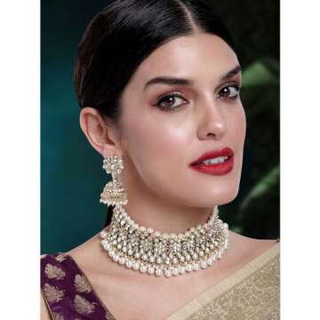 Aheli Elegant Indian Traditional Wedding Wear Kundan Pearl Encrusted Choker Necklace Set with Jhumki...