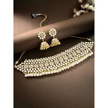 Aheli Elegant Indian Traditional Wedding Wear Kundan Pearl Encrusted Choker Necklace Set with Jhumki Earrings Ethnic Bollywood Party for Women (White)