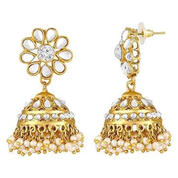 Aheli Elegant Indian Traditional Wedding Wear Kundan Pearl Encrusted Choker Necklace Set with Jhumki Earrings Ethnic Bollywood Party for Women (White)