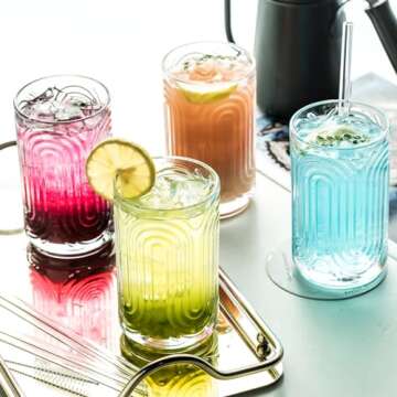 INSETLAN Vintage Art Deco Glassware | Glass Cups Set of 4 | 14 Oz Thick Bottom Cocktail Glasses, Highball Glass Fabulous Box, Embossed Ripple Glassware, for Water, Wine, Juice, Mixed Drinkware