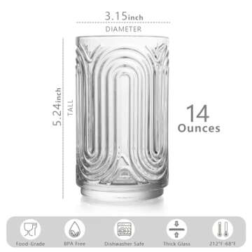 INSETLAN Vintage Art Deco Glassware | Glass Cups Set of 4 | 14 Oz Thick Bottom Cocktail Glasses, Highball Glass Fabulous Box, Embossed Ripple Glassware, for Water, Wine, Juice, Mixed Drinkware