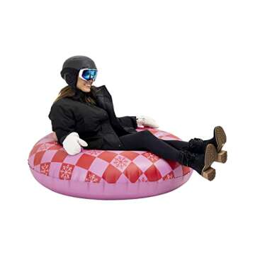 FUNBOY 46" Inflatable Snow Tube, Pink Checkers, 1 Person Capacity, 2-Layer Base for durability, 2 Handles