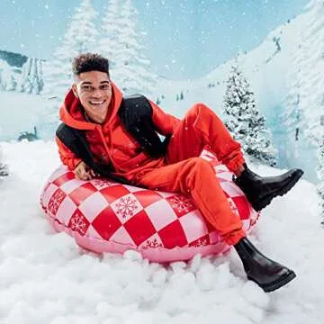 FUNBOY 46" Inflatable Snow Tube, Pink Checkers, 1 Person Capacity, 2-Layer Base for durability, 2 Handles