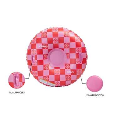 FUNBOY 46" Inflatable Snow Tube, Pink Checkers, 1 Person Capacity, 2-Layer Base for durability, 2 Handles