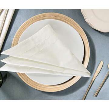 Off White Cloth Napkins, 100% Cotton, Ivory Cloth Napkins Set of 6, Double Hemstitched Corners, Reus...