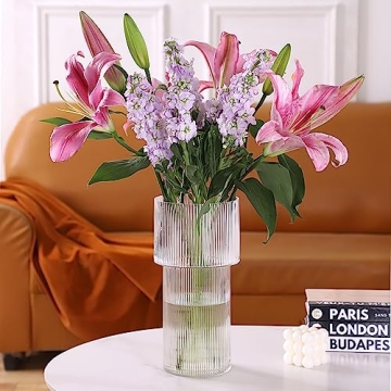 YANWE1 Stylish Ribbed Glass Flower Vase for Home