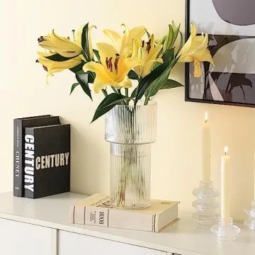 YANWE1 Stylish Ribbed Glass Flower Vase for Home