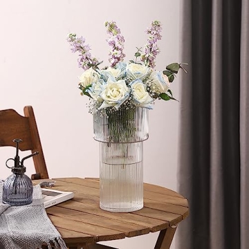 YANWE1 Stylish Ribbed Glass Flower Vase for Home
