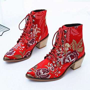 Gets Womens Embroidered Block Heel Cowboy Boots Suede Heighten Ankle Booties (Red,9.5)