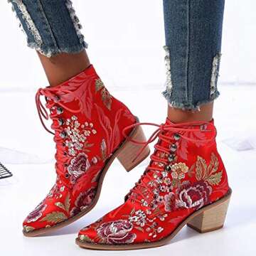 Gets Womens Embroidered Block Heel Cowboy Boots Suede Heighten Ankle Booties (Red,9.5)
