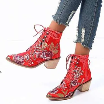 Gets Womens Embroidered Block Heel Cowboy Boots Suede Heighten Ankle Booties (Red,9.5)
