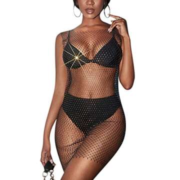 Women’s Sparkly Rhinestone Bikini Dress Sexy Sheer Mesh Sleeveless Swimsuit Cover Up Swimwear for ...