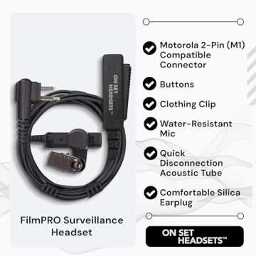 ON SET HEADSETS FilmPRO Surveillance Headset (Black) - 2 Pin Earpiece Compatible with Motorola Radios for Film & TV Productions - Earpiece for Walkie Talkie Radio