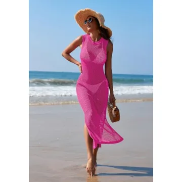 Swim Cover Up for Women Crochet Beach Cover Ups Sleeveless Beach Dress Side Split Hollow Out Bikini Coverup Rose Red XL
