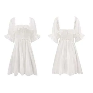 R.Vivimos Women's Summer Cotton Half Sleeves Backless Ruffled Mini A-Line Dress (Small, White)
