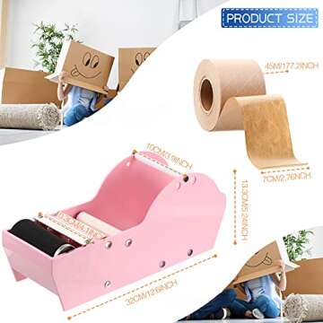 Water Activated Paper Tape Dispenser with Gummed Paper Tape,2.75 Inch x 148 Feet Wet Gummed Kraft Paper Tape Fiberglass Reinforced Sealing Tape for Packaging, Shipping, Mailing (Pink)