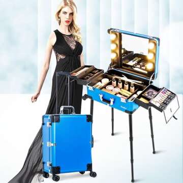 Kemier Makeup Case,Professional Artist Studio Cosmetic Train Table w/4 Rolling Wheels & Lights & Mir...