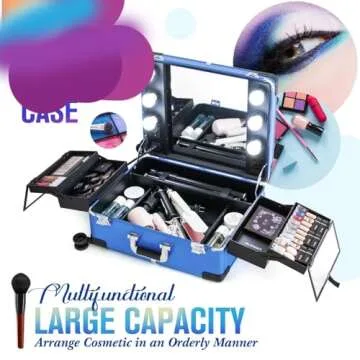 Kemier Makeup Case,Professional Artist Studio Cosmetic Train Table w/4 Rolling Wheels & Lights & Mirror,Pro Makeup Station,Cover Board and Easy Clean Extendable Trays,Adjustable Legs,Sturdy (Blue)