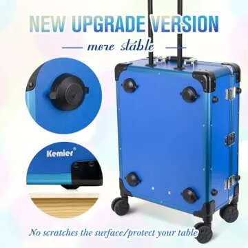 Kemier Makeup Case,Professional Artist Studio Cosmetic Train Table w/4 Rolling Wheels & Lights & Mirror,Pro Makeup Station,Cover Board and Easy Clean Extendable Trays,Adjustable Legs,Sturdy (Blue)