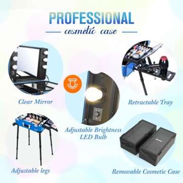 Kemier Makeup Case,Professional Artist Studio Cosmetic Train Table w/4 Rolling Wheels & Lights & Mirror,Pro Makeup Station,Cover Board and Easy Clean Extendable Trays,Adjustable Legs,Sturdy (Blue)