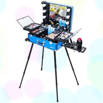 Kemier Makeup Case,Professional Artist Studio Cosmetic Train Table w/4 Rolling Wheels & Lights & Mirror,Pro Makeup Station,Cover Board and Easy Clean Extendable Trays,Adjustable Legs,Sturdy (Blue)