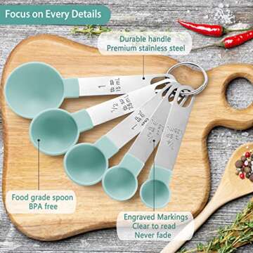 10-piece Set of Measuring Cups and Spoons, Nested Measuring Cups with Stainless Steel Handle, Suitable for Dry and Liquid Ingredients (Lake Blue)