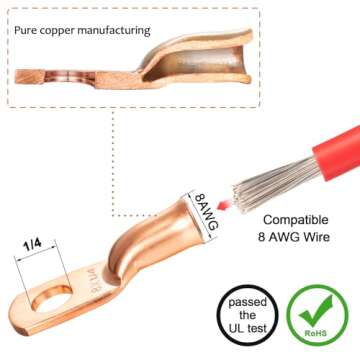 Maxdot 10 Pack UL Test Wire Lugs 8 Gauge Stud Ring Terminals Heavy Duty Copper Crimp Lugs Welding Ca...