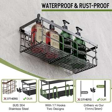 Uamector Shower Caddy 3 Pack, Strong Adhesive Bathroom Shower Organizer with 17 Hooks, No Drilling Rust Proof Wall Mounted Shower Shelves Storage for Bathroom, Toilet, Kitchen and Dorm, Black