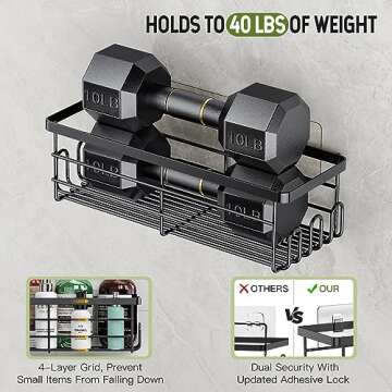 Uamector Shower Caddy 3 Pack, Strong Adhesive Bathroom Shower Organizer with 17 Hooks, No Drilling Rust Proof Wall Mounted Shower Shelves Storage for Bathroom, Toilet, Kitchen and Dorm, Black