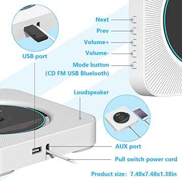 AONCO Wall-Mounted Portable CD Player with Bluetooth