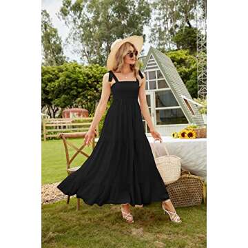 kinstell Women's Summer Boho Spaghetti Strap Square Neck Ruffle Casual Flowy Long Dress Beach Swing Party Maxi Dress Black