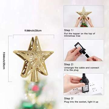 DG-Direct Christmas Tree Topper Lighted Star [Gold],3D Hollow Sparkling Star Christmas Tree Topper with Rotating Magic Cool White Snowflake Projector for Christmas Tree Ornament (Gold)