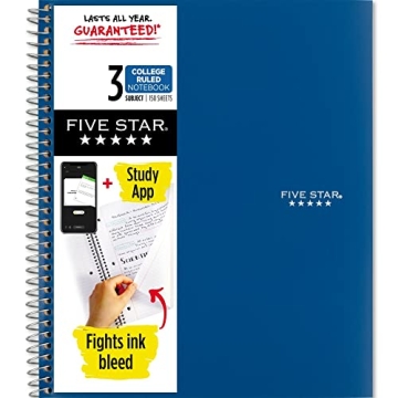 Five Star Spiral Notebook + Study App, 3 Subject, College Ruled Paper, Fights Ink Bleed, Water Resis...