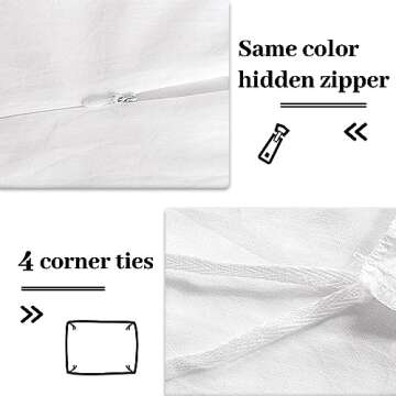 NEXHOME PRO Cotton Duvet Cover Queen Size White, Organic Natural Linen Feel 100% Washed Cotton 3 Pieces Bedding Set with Zipper Closure & Corner Ties, Breathable(No Comforter)