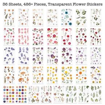 Knaid Pressed Flower Themed Stickers (Assorted 486 Pieces, 36 Sheets) Dried Floral Resin Stickers De...