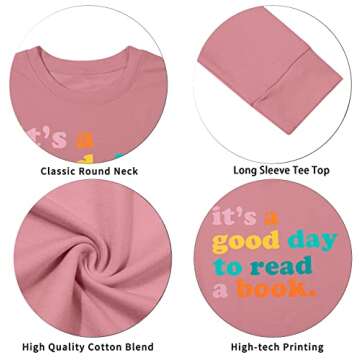 LUKYCILD It’s a Good Day to Read a Book Sweatshirt Women Book Lovers Teacher Shirt Funny Graphic Print Long Sleeve Top Pink