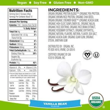 Orgain Organic Plant Based Protein Powder, Vanilla Bean - Vegan, Low Net Carbs, Non Dairy, Gluten Fr...