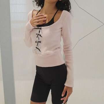 Women Y2k Bow Crop Tops Long Sleeve Square Neck Patchwork T Shirt Slim Fit Lace Fairy Aesthetic Shirt