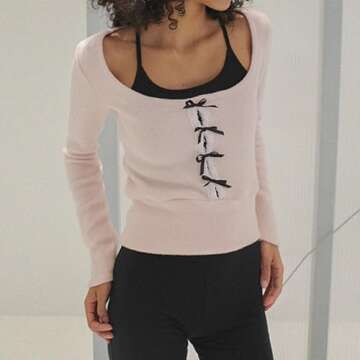 Women Y2k Bow Crop Tops Long Sleeve Square Neck Patchwork T Shirt Slim Fit Lace Fairy Aesthetic Shirt