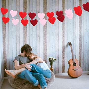 Felt Heart Garland Banner - Valentine’s Day Banner Decor -Valentines Decorations - Anniversary, Wedding, Birthday Party Decorations - Red, Rose Red and Pink Color for Home Office Decor, Heart Garland