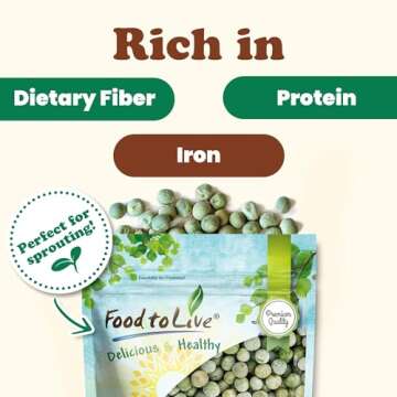 Food to Live - Whole Dried Green Peas, 5 Pounds Green Vatana, Sproutable, Vegan, Kosher, Bulk. Pre-Soak Needed. Rich in Protein, Fiber, Potassium. Great for Green Curry, Pea Soup, Stews.