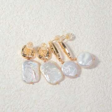 BEMDOFIG Baroque Pearl Earrings 18K Gold Plated Drop Dangle Earrings for Women Freshwater Pearl Earrings Daily Jewelly for Women (Drop-b)