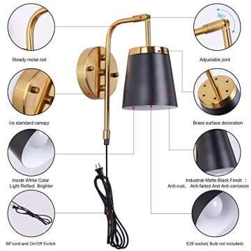 MWZ Sconces Wall Lighting Plug in,Black and Gold Modern Hardwired Sconce Wall Light with On Off Switch, Industrial Edison Adjustable Wall Lamp Metal Shade Wall Light Fixtures for Bedroom 1-Light
