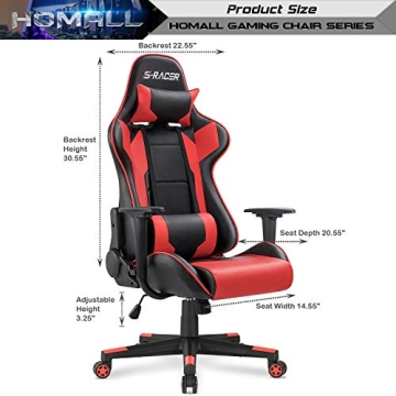 Homall Gaming Chair, Office Chair High Back Computer Chair Leather Desk Chair Racing Executive Ergonomic Adjustable Swivel Task Chair with Headrest and Lumbar Support (Red)