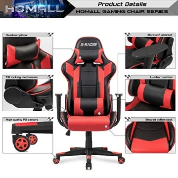 Homall Gaming Chair, Office Chair High Back Computer Chair Leather Desk Chair Racing Executive Ergonomic Adjustable Swivel Task Chair with Headrest and Lumbar Support (Red)