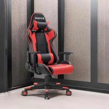 Homall Gaming Chair, Office Chair High Back Computer Chair Leather Desk Chair Racing Executive Ergonomic Adjustable Swivel Task Chair with Headrest and Lumbar Support (Red)