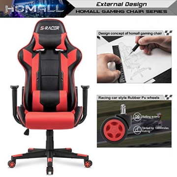 Homall Gaming Chair, Office Chair High Back Computer Chair Leather Desk Chair Racing Executive Ergonomic Adjustable Swivel Task Chair with Headrest and Lumbar Support (Red)