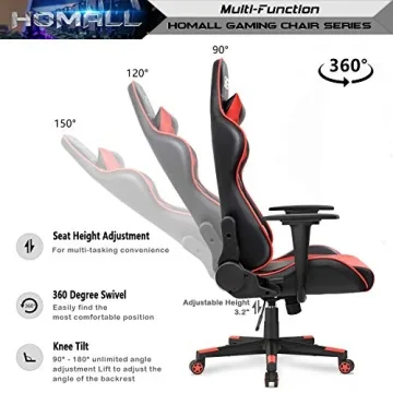 Homall Gaming Chair, Office Chair High Back Computer Chair Leather Desk Chair Racing Executive Ergonomic Adjustable Swivel Task Chair with Headrest and Lumbar Support (Red)
