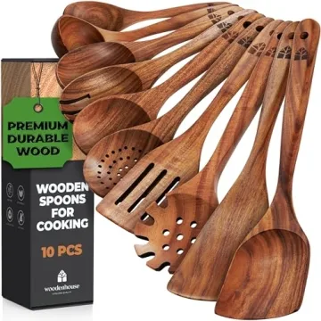 Wooden Spoons for Cooking, 10 Pcs Wooden Cooking Utensils Set – Wooden Utensil Set for Nonstick Pa...