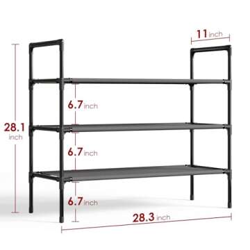 Sakugi Shoe Rack with Non-Woven Fabric - 3-Tier Shoe Organizer for Closet, Garage, Corridor & Entryway, Sturdy and Stackable, X-Large, Black